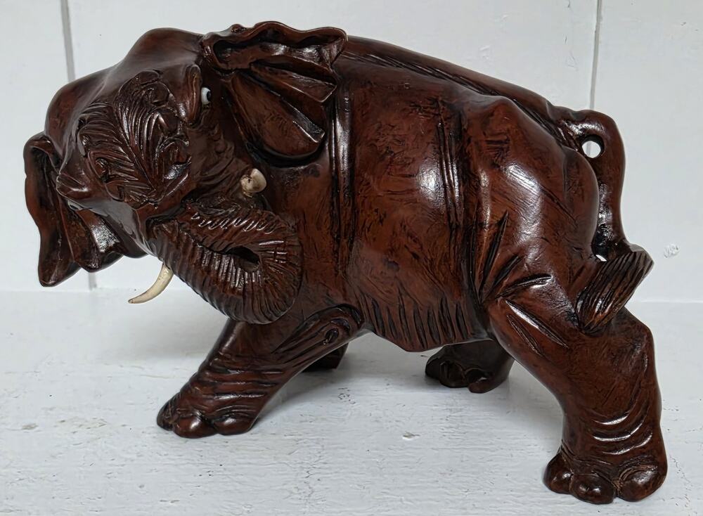 Vintage Hand‑Carved Mahogany Elephant Figurine 6" Wide Solid Wood Sculpture Nice